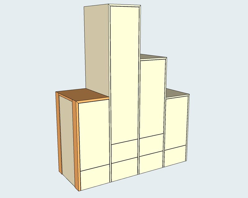 So soll der Schrank später einmal aussehen. Die dunklen Flächen bestehen aus Massivholz, die helleren aus furnierten Tischlerplatten.