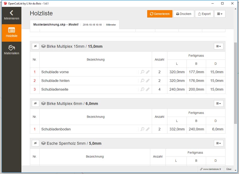 Die Bedienung von Oben Cutlist ist sehr einfach. Die Ausgaben sind übersichtlich und gut strukturiert.