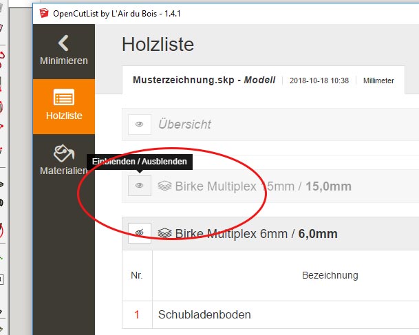 Durch gezieltes Ein- und Ausblenden können Sie über die Stückliste bestimmen, was für MaxCut exportiert wird.