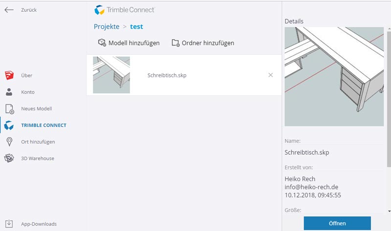 Dateien lassen sich nur von Trimble Connect aus öffnen. Dort können Sie Ihre Projekte aber auch mit mehreren Personen Teilen und gemeinsam bearbeiten.