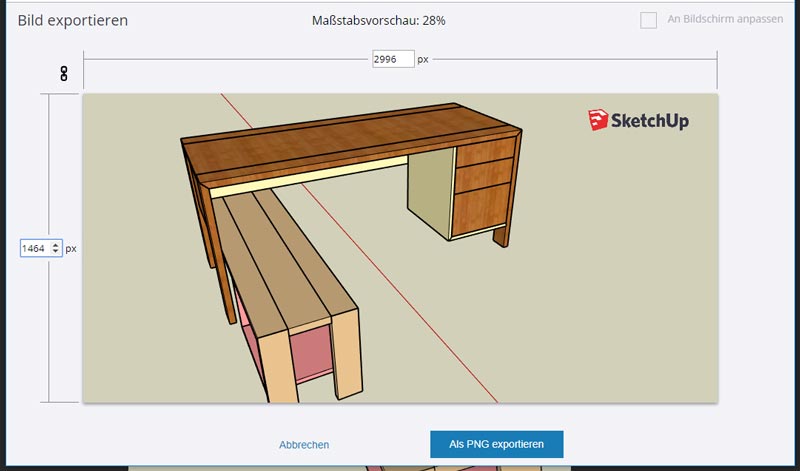 Die Skalierung können Sie frei Wählen, das SketchUp-Logo ist aber bei jedem Export mit drin.