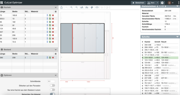 Screenshot der Zuschnitt-Software CutList Optimizer