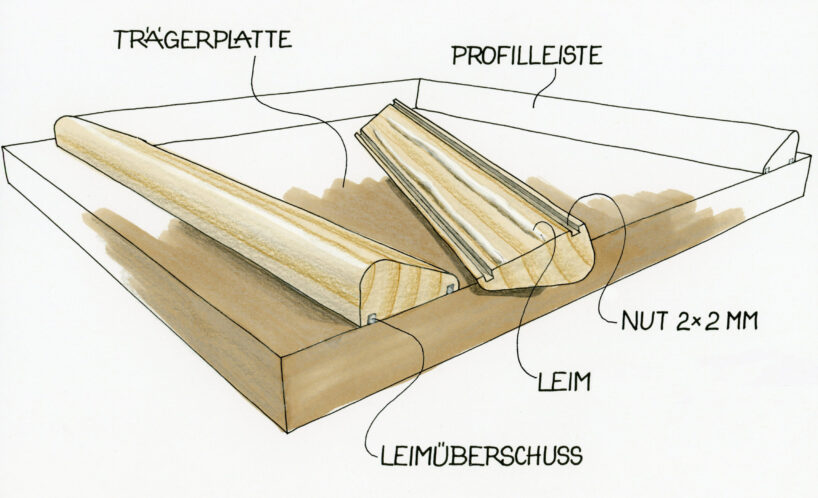 Skizze mit Trägerplatte und Leisten mit Nut