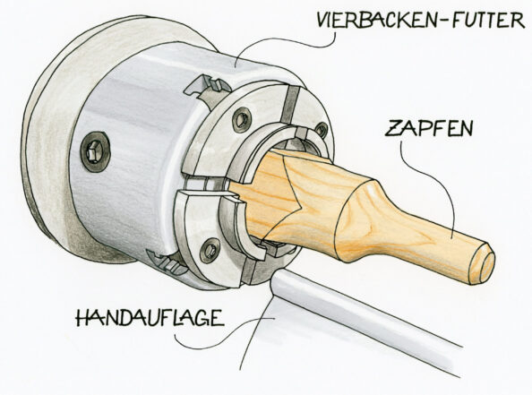 Aus einem Stück Langholz wird ein Zapfen gedrechselt, der später den Rohling aufnimmt.