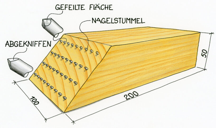 Rundholz-Schnitt mit fertigen Nägeln