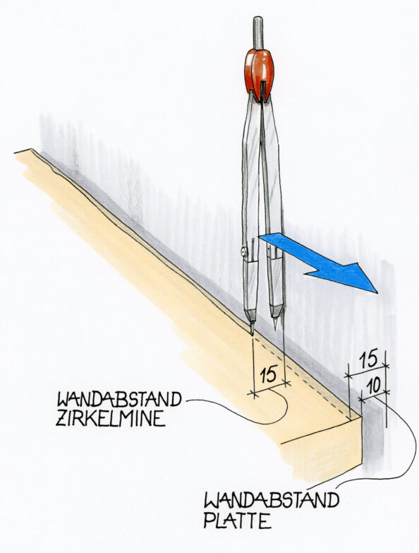 Mit einem Zirkel lassen sich Unebenheiten an der Wand auf ein Brett konturieren.