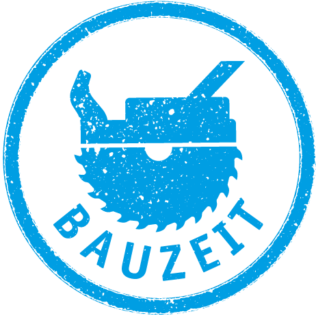 Blaues Logo der HolzWerken-Bauzeit: Hobel und Kreissägeblatt wie ein Stempel. Die Bauzeit hat heute Halbzeit.