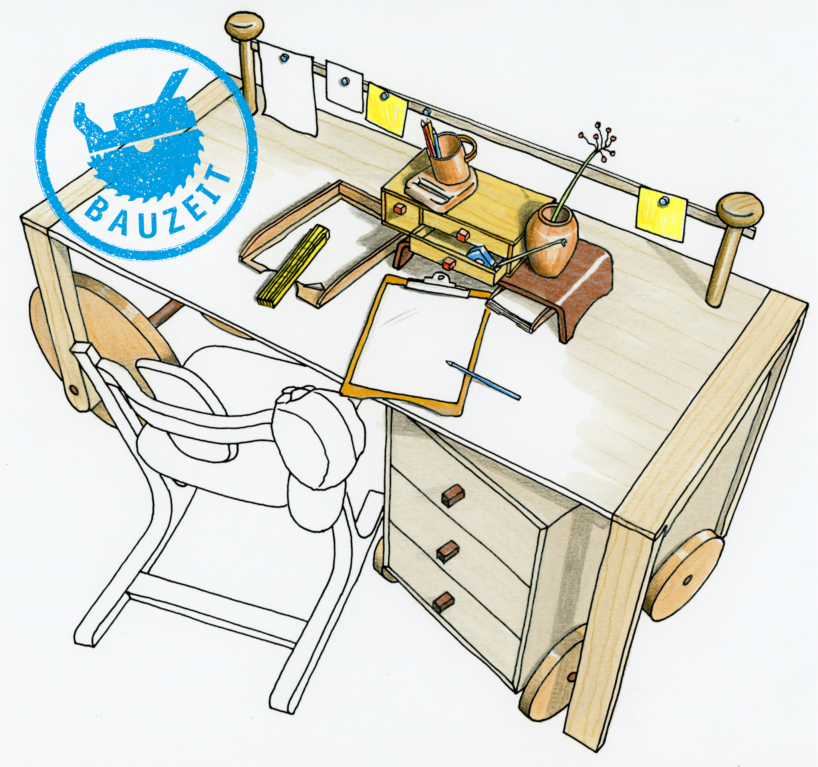 Ein gezeichneter Schreibtisch in der Draufsicht mit verschiedenen aus Holz gebauten Utensilien, etwa eine Papierablage, ein Klemmbrett, eine Zettelleine, eine Vase als Illustration für die erste HolzWerken-Bauzeit.