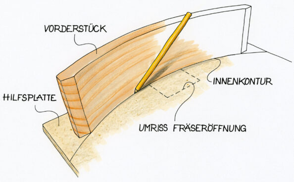 Skizze, wie man eine Nut in einen Bogen fräst.