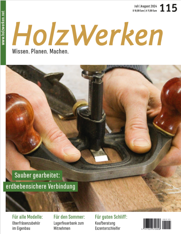 Das Cover von HolzWerken 115 mit einem in zwei Händen gehaltenen Grundhobel als Titelbild.